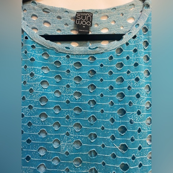 Clara Sun Woo Lightweight Sweater Sz Medium Turquoise Blue Distressed Open Knit - Picture 2 of 7